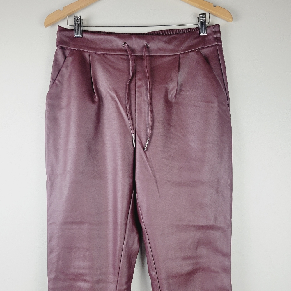Vero Moda Burgundy Faux Leather Drawstring Pleated Jogger Pants